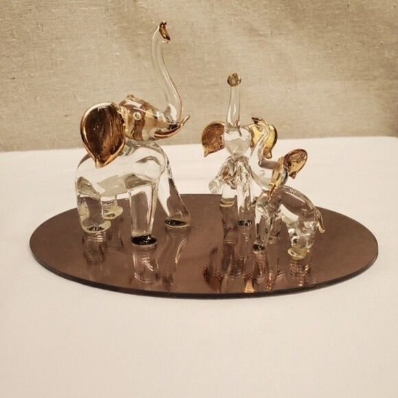 Glass Blown Elephant Trinket Ring Holder 22kt Gold Trim Mirror Base - Picture 2 of 10